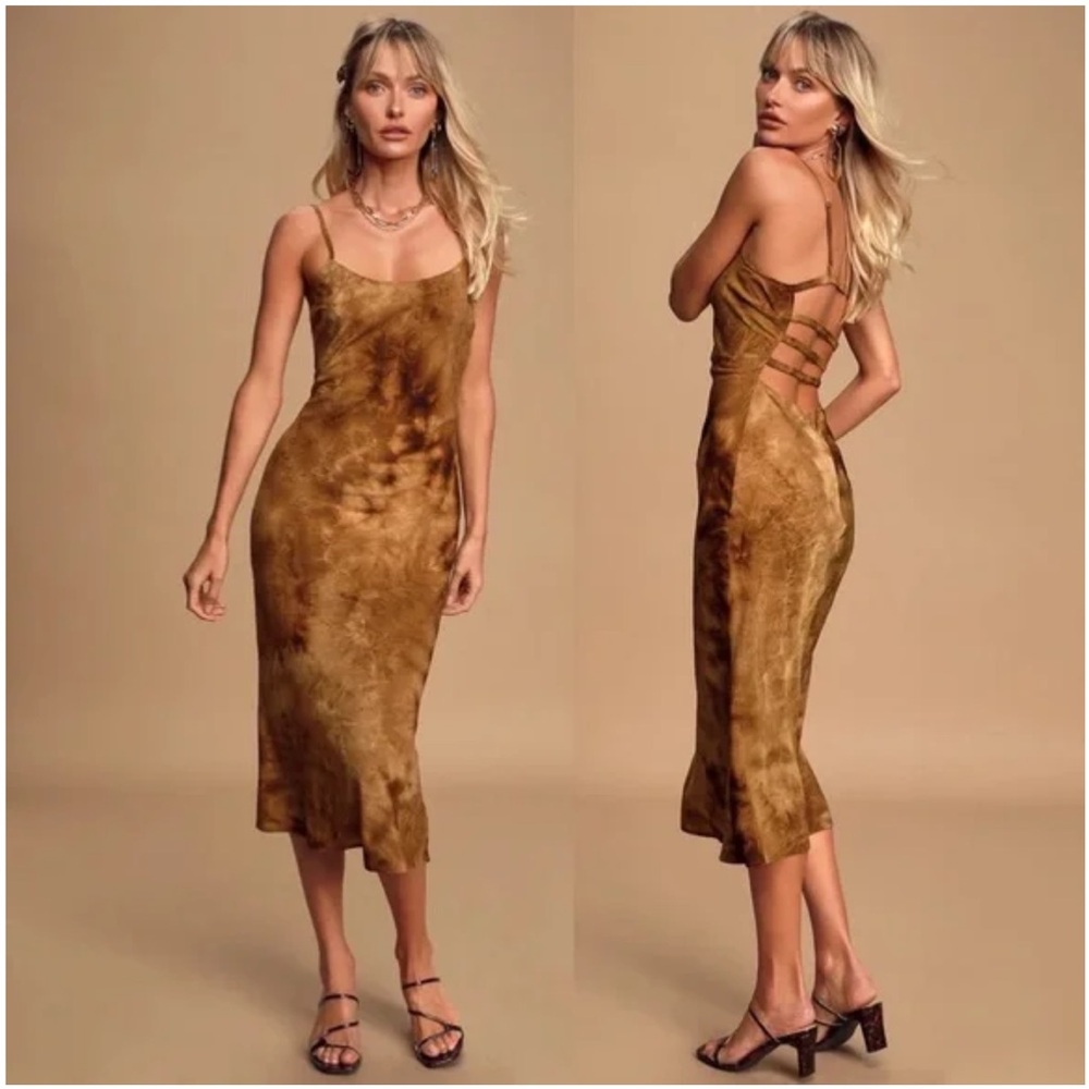 Lulus Second Glance Brown TieDye Strappy Backless Midi Slip Dress Size Large NEW
